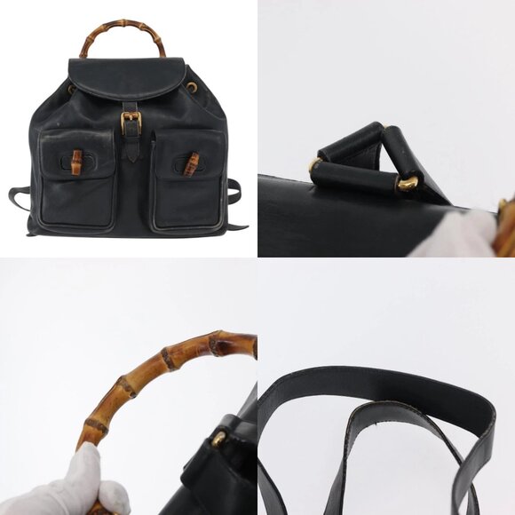 GUCCI Bamboo Backpack Leather Navy Gold 003 2058 0016 Auth 151451